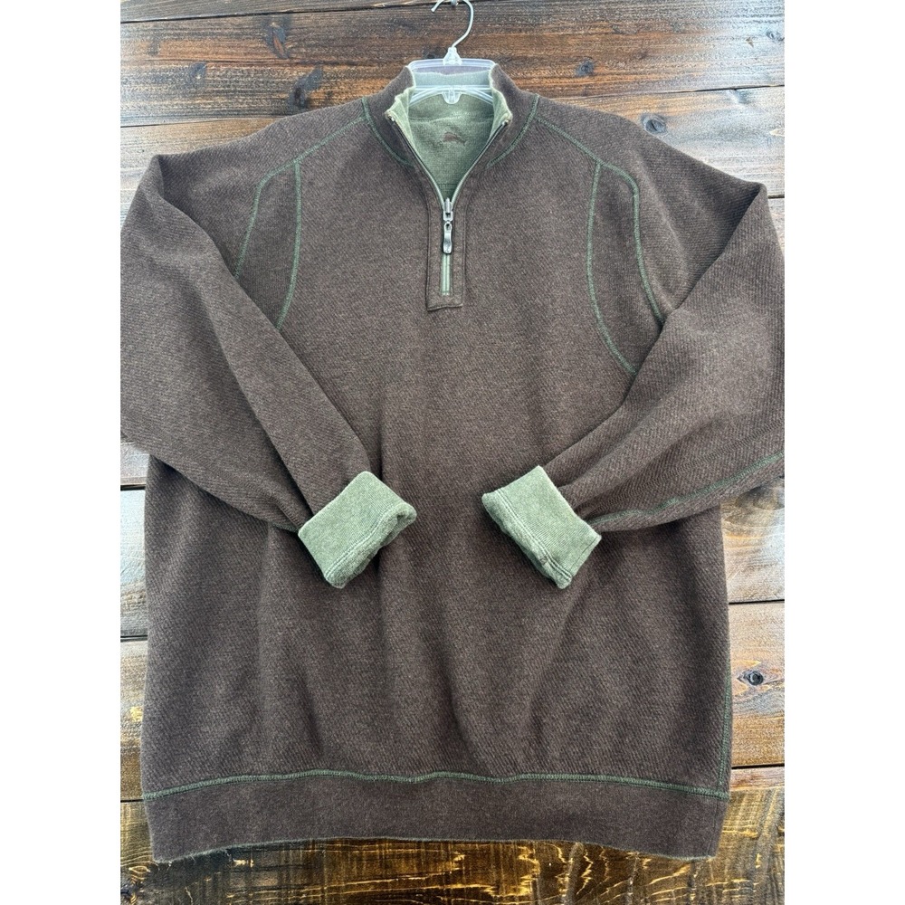 Tommy Bahama Reversible 1/4 Zip Ribbed Knit Pull Olive Green/Brown‎ Men's Large